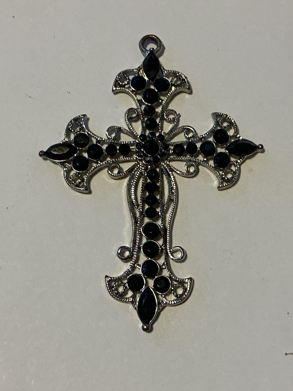Ornate Silver-toned Filigree Cross Pendent  Accented with Black Rhinestones